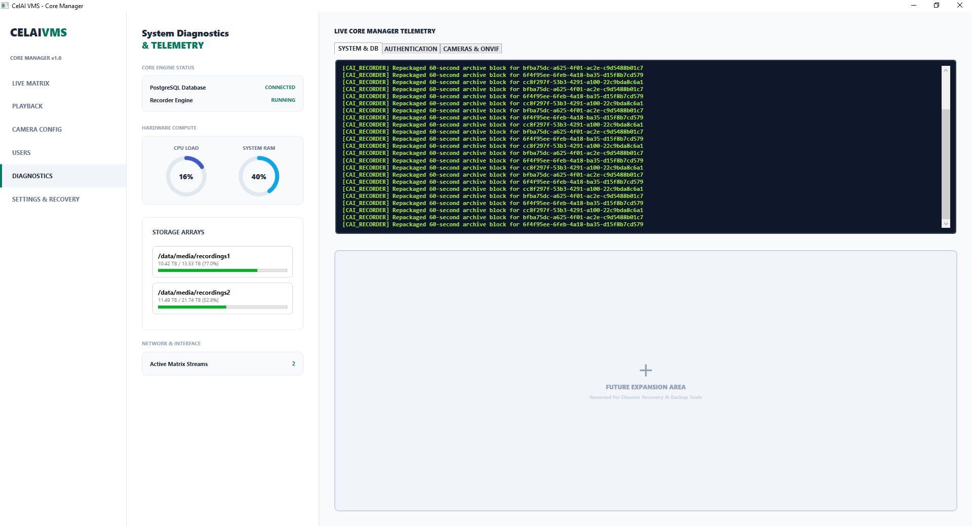 CelAI VMS Server Diagnostics showing low usage
